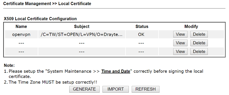 a screenshot of DrayOS Local Certificate showing OK at Status